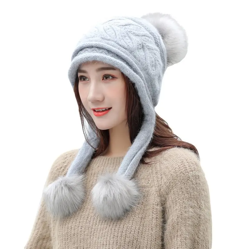 Ymsaid, новинка, зимняя шапка из кроличьего меха, вязаная ткань, супер мягкие шапки, теплые шапки с ушками, бархатная вязаная шапка для женщин