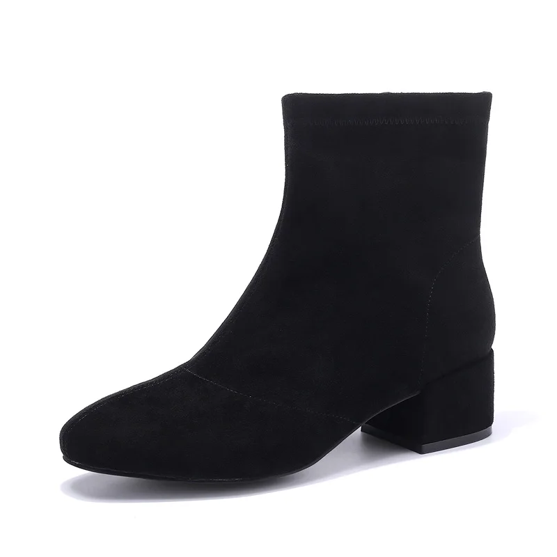 

2018 Women Boots Flock Ankle Autumn Winter Ladies Short Pointed Toe Square Heel Ankle Boots