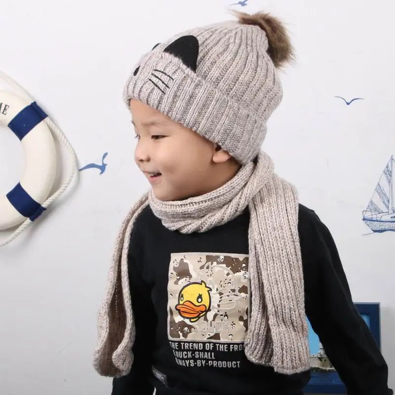 Теплая осенне-зимняя детская шапка и шарф, ветрозащитная Плотная хлопковая вязаная шапка, длинный шарф, теплый шарф для детей 3-7 лет