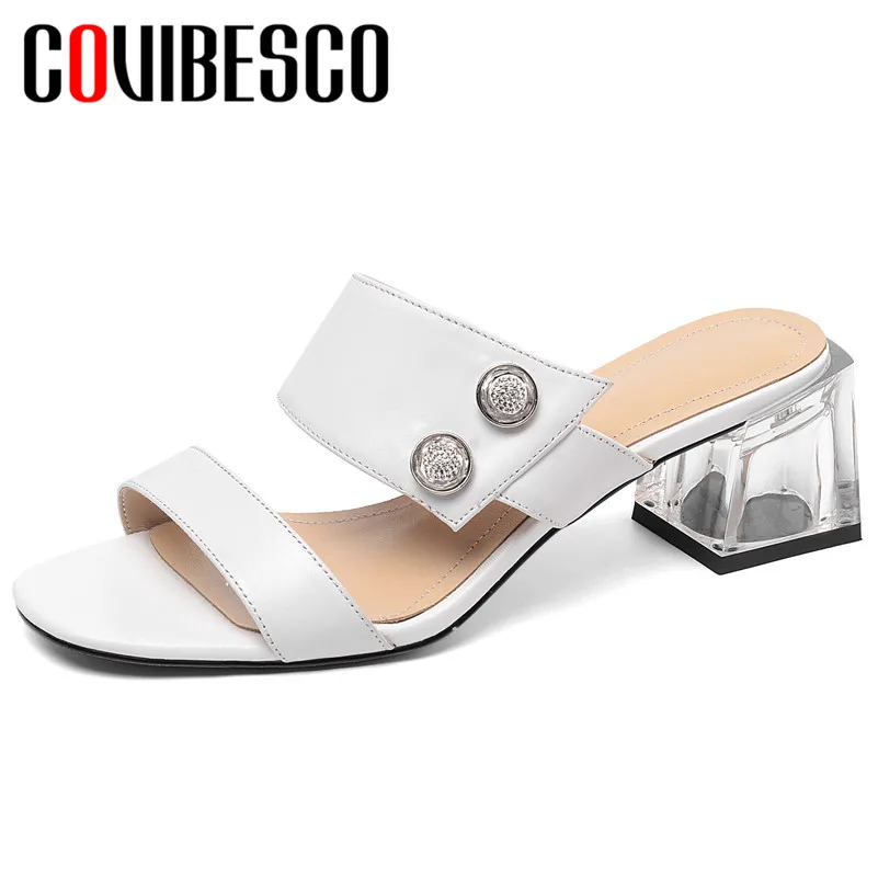 

COVIBESCO 2019 New Round Toe Square Heels Rome Women Sandals Solid Genuine Leather Concise Slip on Party Casual Shoes Woman