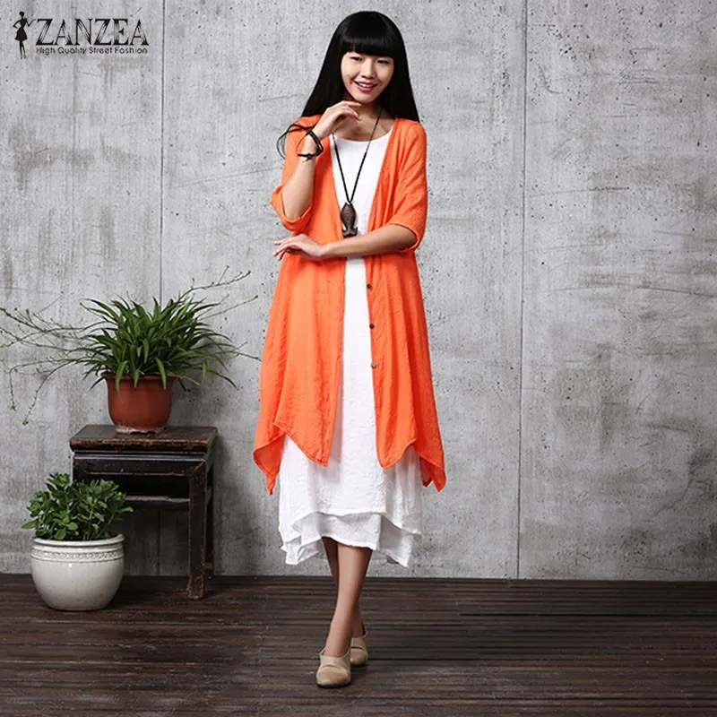 

ZANZEA Cover-up Fashion 2016 Women Summer Casual Loose Blouses Long Vintage Plus Size Linen Cardigan Elegant Half Sleeve Outwear