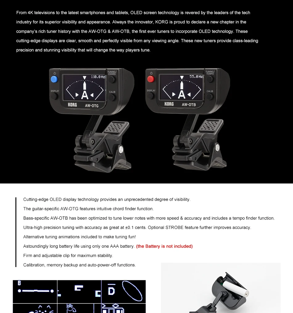 Korg AWOTG AWOTB AWOTG-POLY AWOTB-POLY полифонный клип-на гитарный тюнер регулировщик низких частот 0,1 центов тюнер для гитары, бас