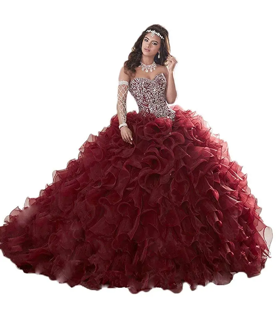 

Setwell Sweet 16 Strapless Ball Gown Organza Quinceanera Dress Sleeveless Puffy Tiered Beaded Prom Gown
