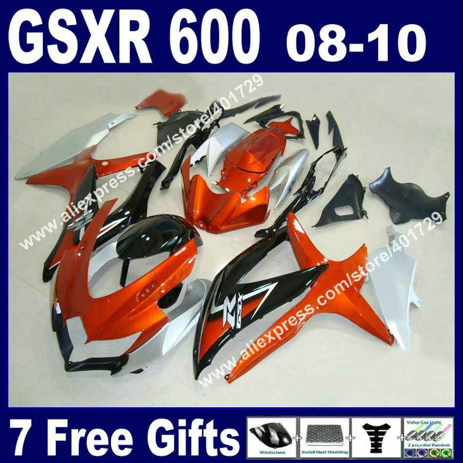 

Hot sale Fairings for SUZUKI 2008 2009 2010 GSXR 600 750 K8 orange silvery black GSXR600 GSXR750 08-10 with heatshield kit YB72