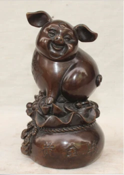 

RHS0086 Chinese Bronze Animal Wealth YuanBao Money Foo Fu Pig Swine On Money Bag Statue