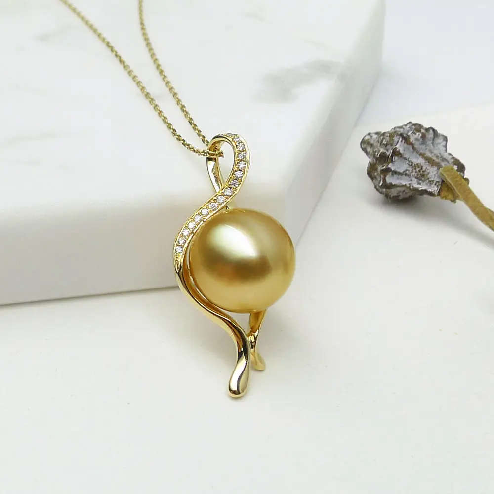 free shipping 11.7MM Natural Golden Real South Sea Pearl Pendant 18 ...