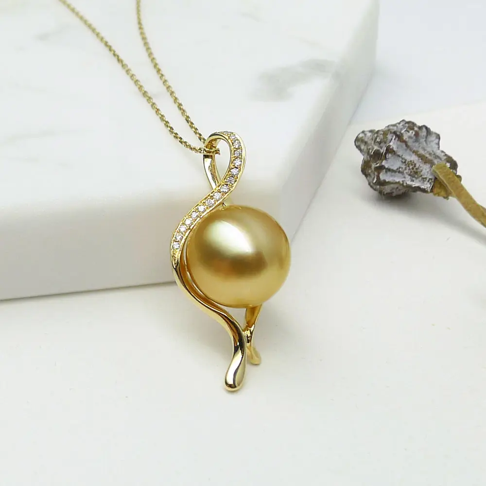 

free shipping 11.7MM Natural Golden Real South Sea Pearl Pendant 18 Solid Yellow Gold