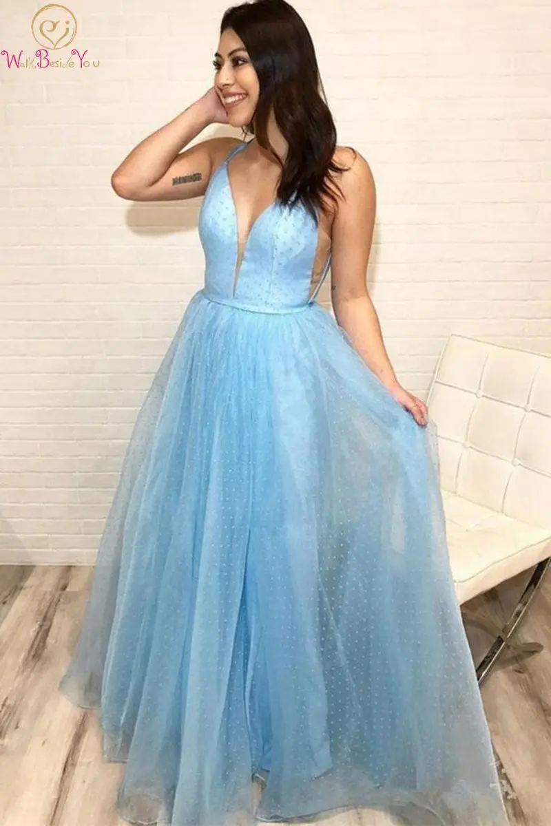 

Deep V Neck Light Blue Prom Dresses 2019 Elegant Tulle A Line Sleeveless Spaghetti Strap Long Evening Gown Formal robe de soiree