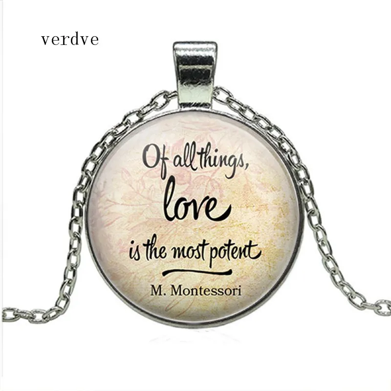 

New Teacher Necklace "Of all things Love is the Most Potent" Charm Cabochon Glass Dome Pendant Necklace Fashion Teacher Gifts