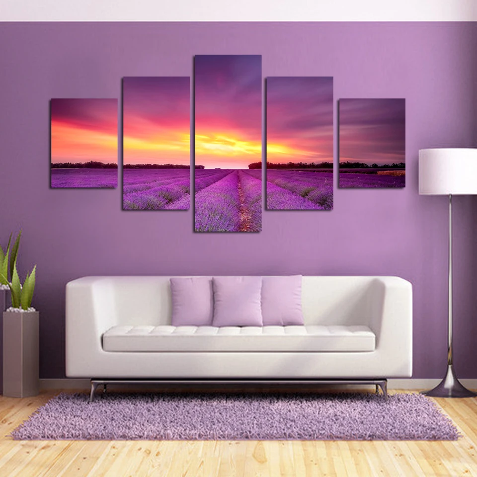 5 Pieces Modern Wall Art Printed On Canvas Lavder Scenic Landscape