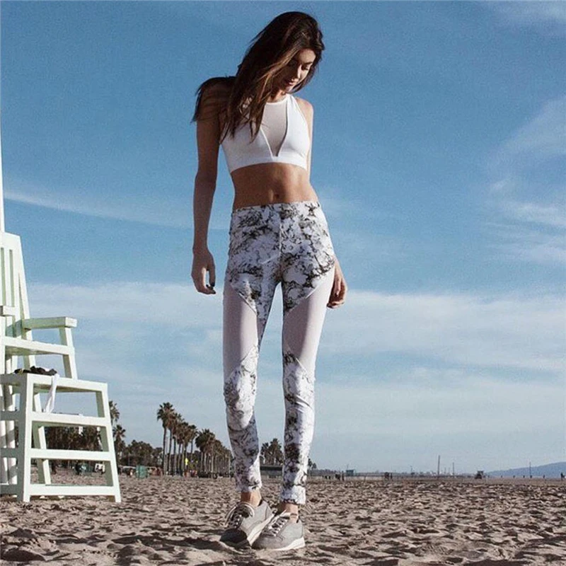 Didiopt 2018 New Hot Sell Bra+Leggings Women Tracksuit Sexy floral Sport Suit White Transparent Women Yoga Set Printed StriS1140