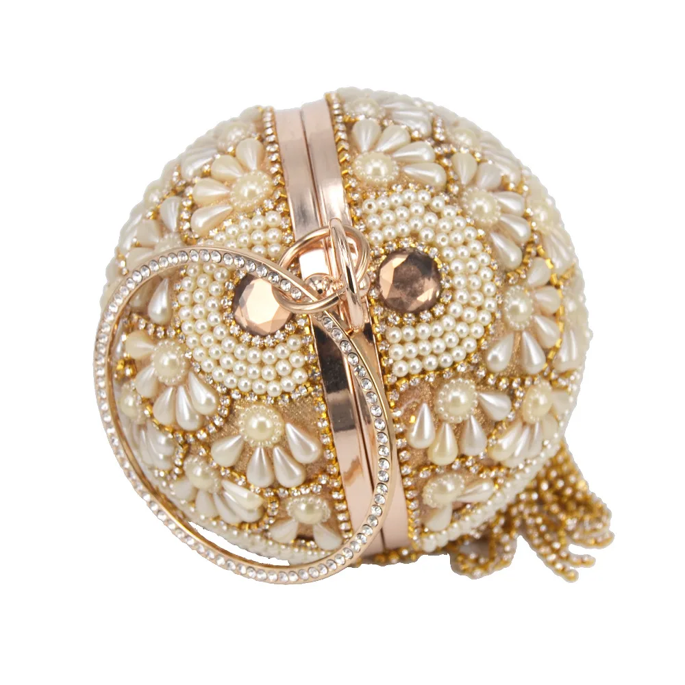 Bowling Design Pearl Clutch Bag circular ring Wristlets Bag Women Party Evening Crystal tassels Ball Female wallet XQ-15