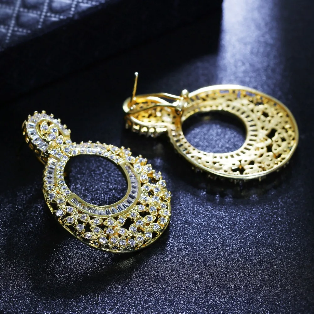 Bridal dangle earrings Round design Luxury jewelry Gold and White color Cubic Zirconia crystal Women large earring