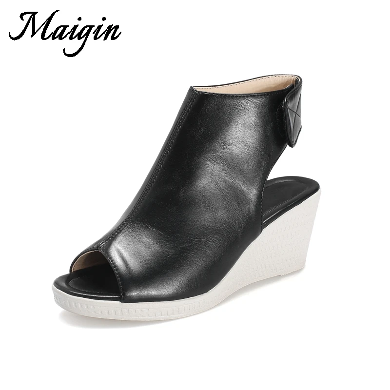 Maigin Summer Platform Wedges Sandals Peep Toe High Heels Ankle Boots Women 2018 Black Footwear Soft Leather Ladies Casual Shoes