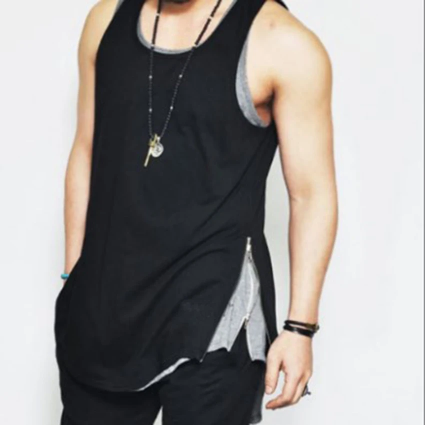 Men's Solid Color Curved Hem Longline Tank Tops Men Extended Hip Hop