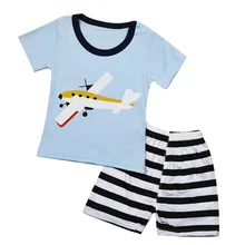 Комплекты для малышей Летняя футболка с короткими рукавами и рисунком самолета для маленьких мальчиков и девочек+ штаны в полоску, комплект одежды для малышей# BL5