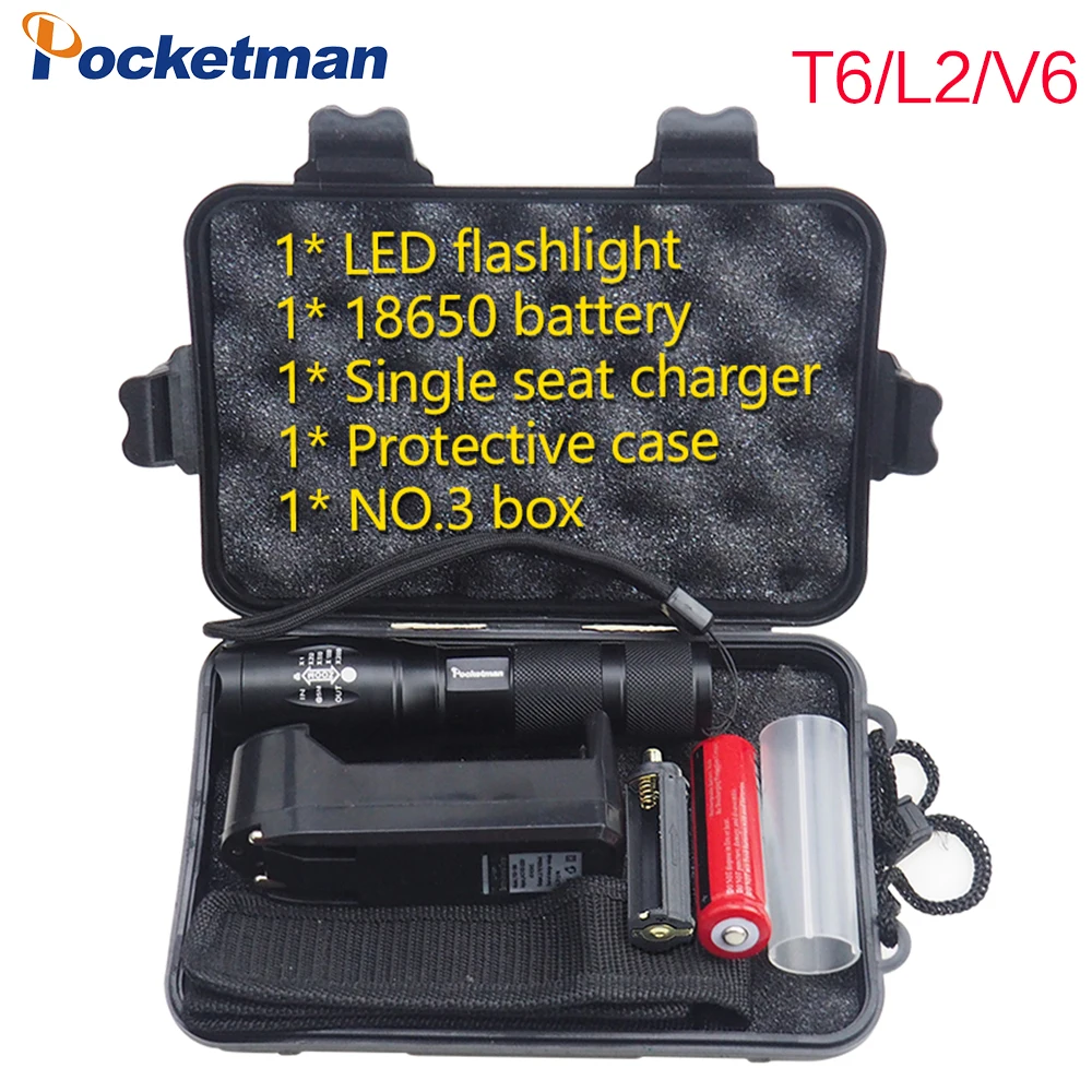 

Hot sale T6/L2/V6 LED flashlight 10000LM Waterproof zoom telescopic torch 5 modes with 18650 battery gift box drop shopping