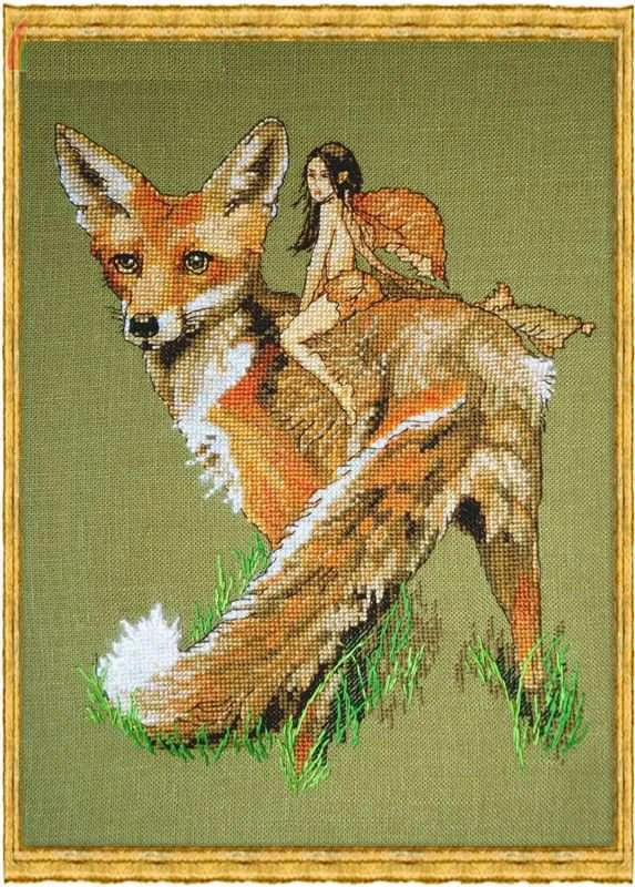 

The fox and elfin cross stitch package Arctic fairy and elk aida 14ct brown green cloth kit embroider DIY handmade needlework