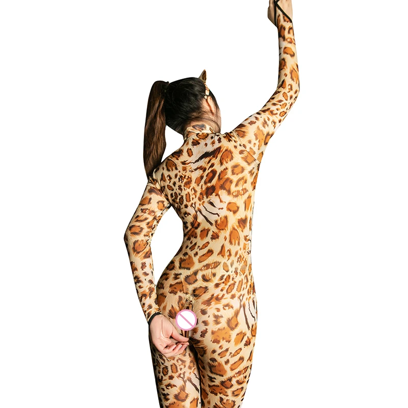 Новое сексуальное женское белье с леопардовым принтом боди с открытой промежностью для женщин двойная молния деталь Эротическое белье с рисунком животного комбинезон