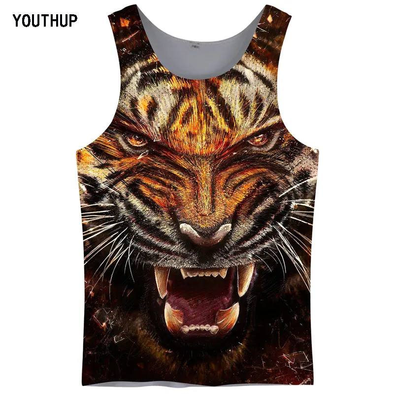 YOUTHUP Новые Летние Топы повседневные мужские майки 3D принт Свирепый тигр Забавные футболки для фитнеса Тонкий жилет топы размера плюс 5XL
