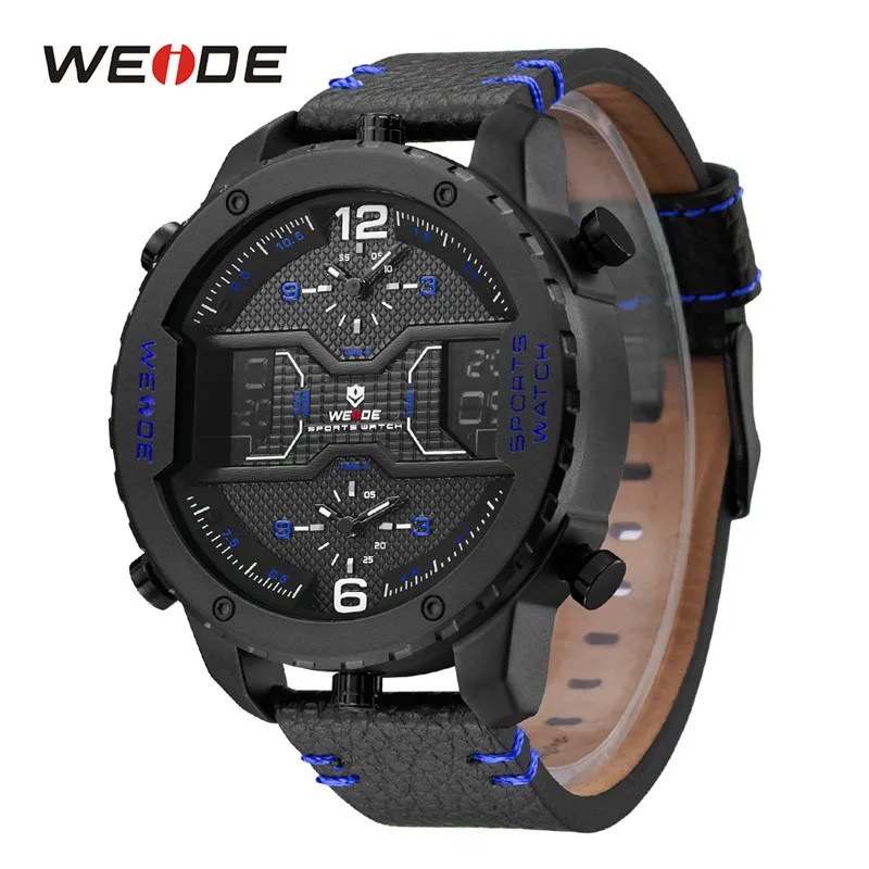 WEIDE мужские спортивные аналоговые цифровые часы с календарем и датой, кварцевые часы с ремешком из натуральной кожи, наручные часы Relogio Masculino, военные повседневные часы - Цвет: Black Blue