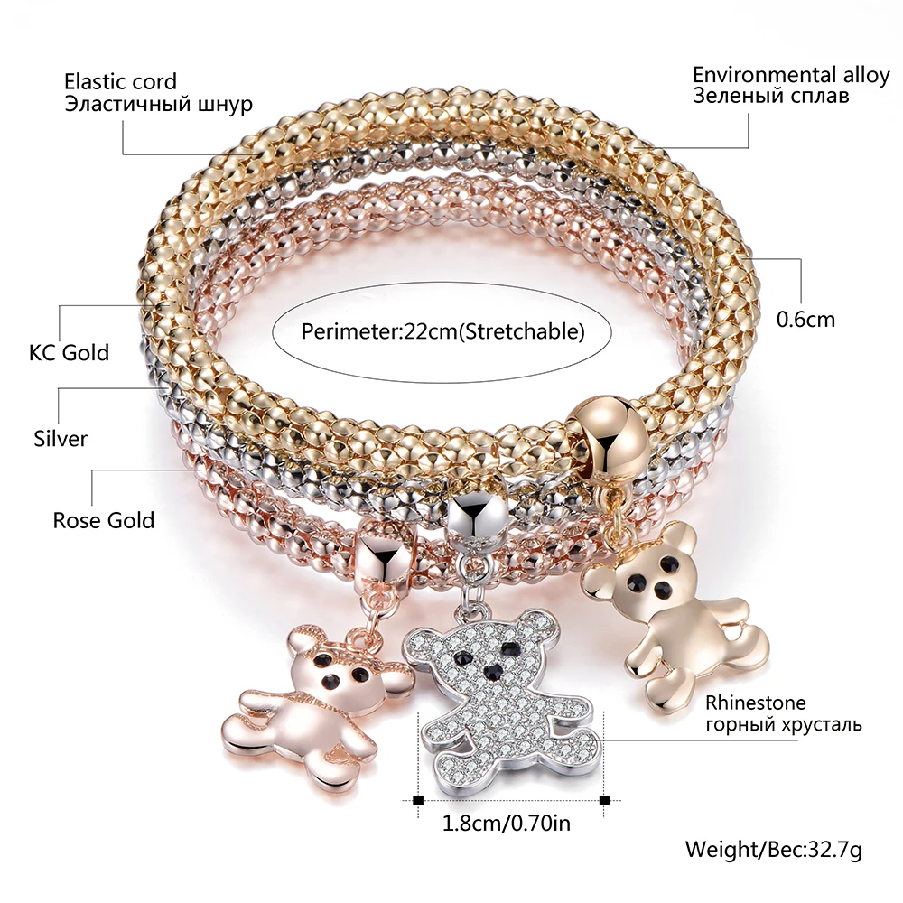 Симпатичная Хрустальная подвеска в виде медведя Браслеты для Для женщин Модные украшения эластичный Попкорн цепи 3 шт./компл. Роскошные регулируемый браслет