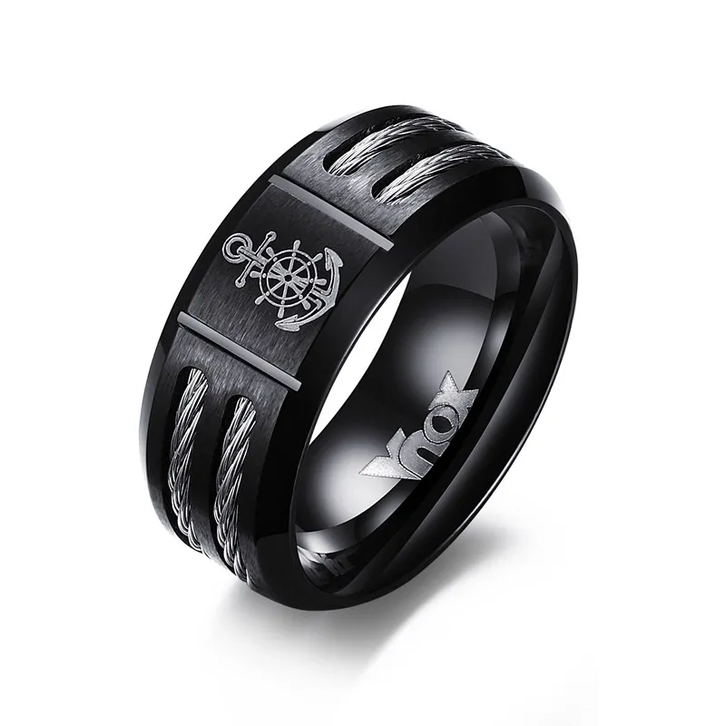 Mprainbow Black Stainless Steel Wire Cable Inlay Ring For Men Mprainbow Black Stainless Steel Wire Cable Inlay Ring For Men Wedding Band Laser Sailor Anchor Rudder Vintag Male Jewelry In Bands From