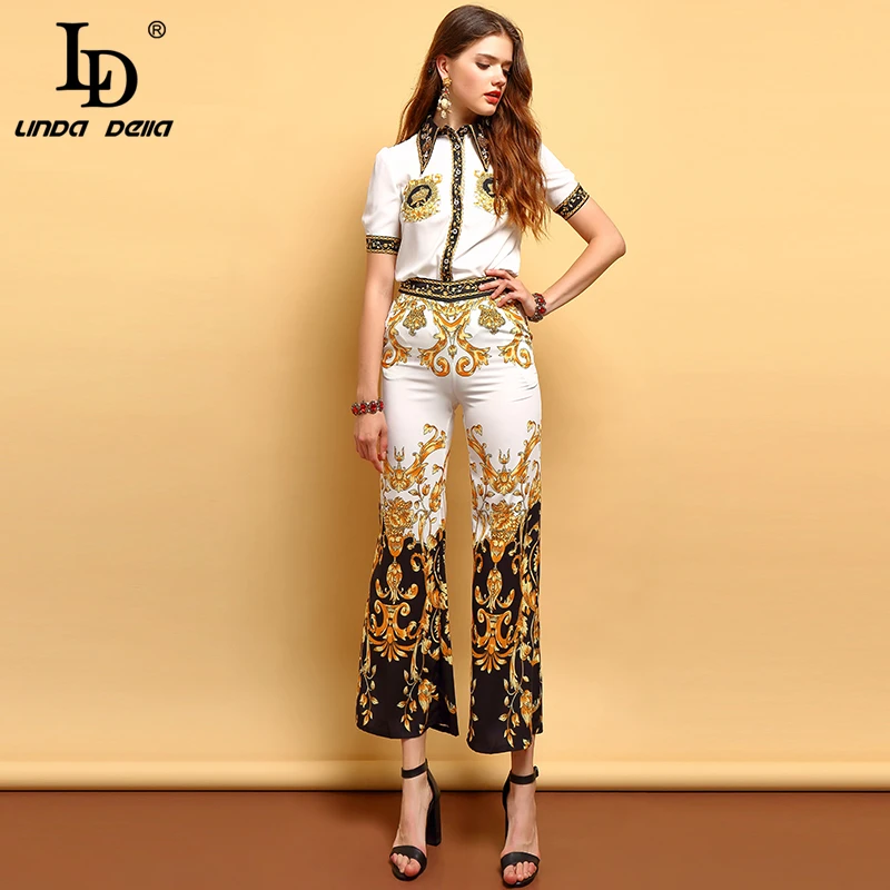 LD LINDA делла модные летние винтажные костюмы женские с коротким рукавом Бисероплетение рубашка и элегантный цветочный принт Длинные брюки комплект из 2 предметов