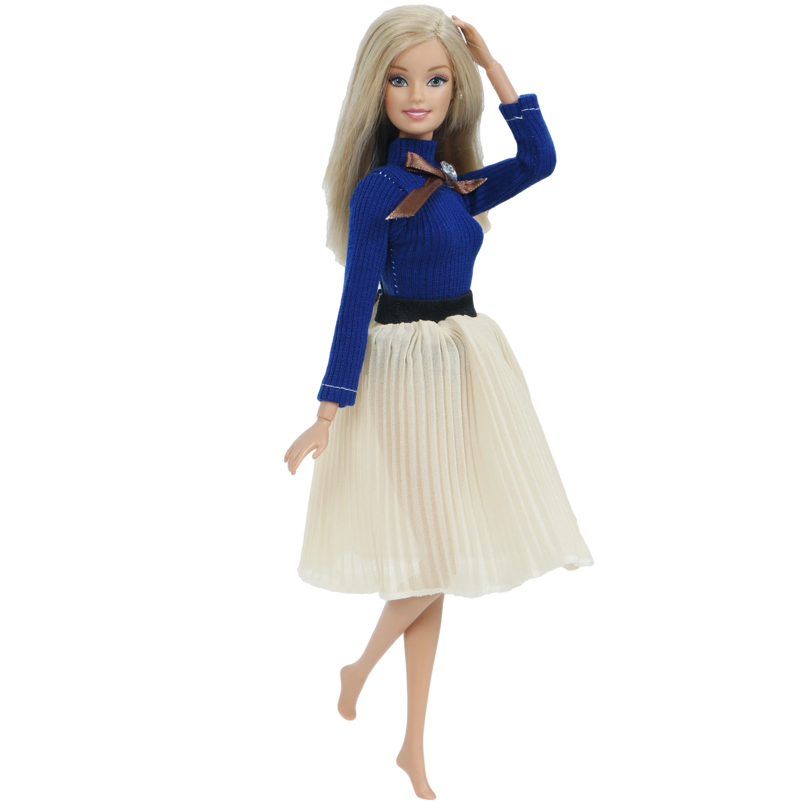 Модное Кукольное платье ручной работы для куклы Барби, синяя одежда для свиданий, блузка с длинными рукавами, плиссированная юбка, наряд, кукольная одежда, аксессуары