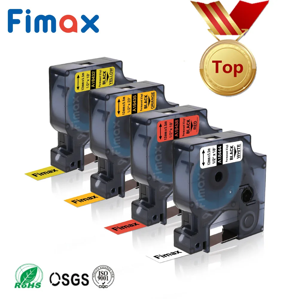 Fimax 4 шт. промышленный Dymo Rhino цветные виниловые этикетки лента 12 мм 18432 18435 18438 18444 для Dymo Rhino 5000 принтеры этикеток