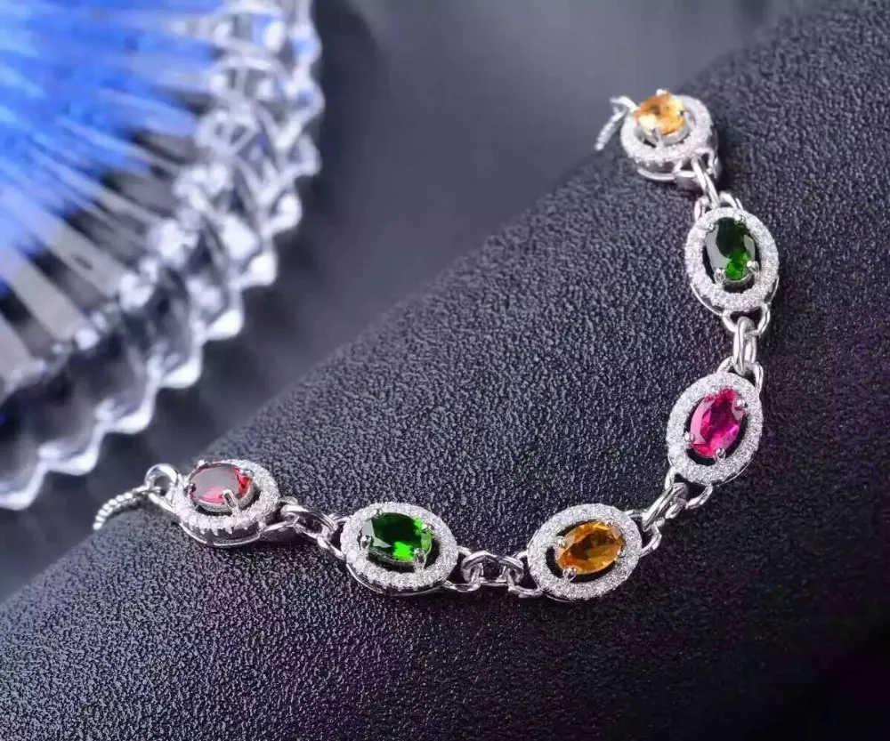  Bracelet tourmaline multicolore naturel Bracelet pierre naturelle 925 bracelet argent femme mode ro