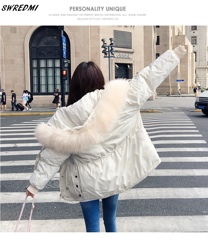 SWREDMI Women Winter Short Jacket Female Hooded Parkas Loose Cotton Padded Coat Mujer Thick Warm Slim Jacket Fur Collar