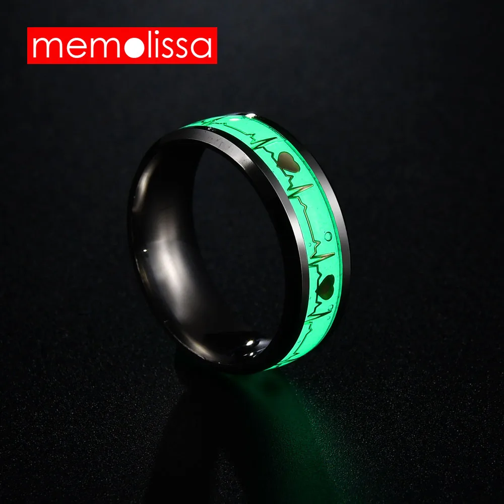 

MeMolissa Love Heart Luminous Rings for Women Men Stainless Steel Fluorescent Glowing In dark Finger ECG Electrocardiogra Rings