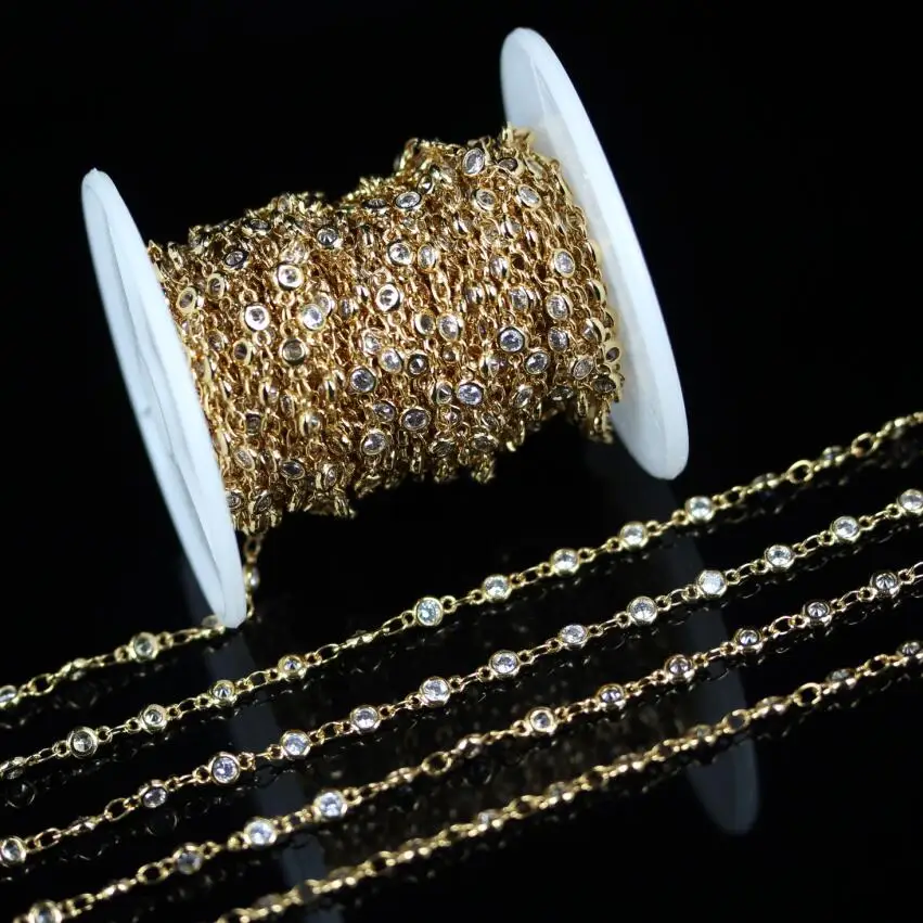 

4mm 6mm for Choice,Clear White Zircon Coin Chains,Golden Plated Copper Links Jewelry Necklace,5 meters