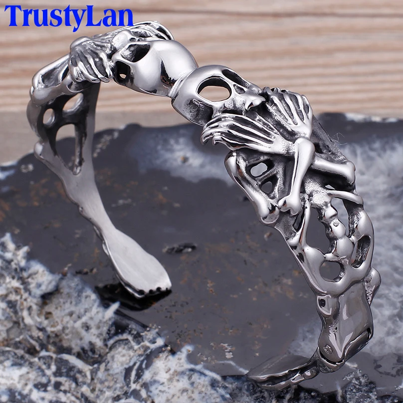 

Skull Body Open Cuff Bangles & Bracelets For Men Gothic Rocker Man Bracelet Male Solid Stainless Steel Jewelry Wrist Hand Strap