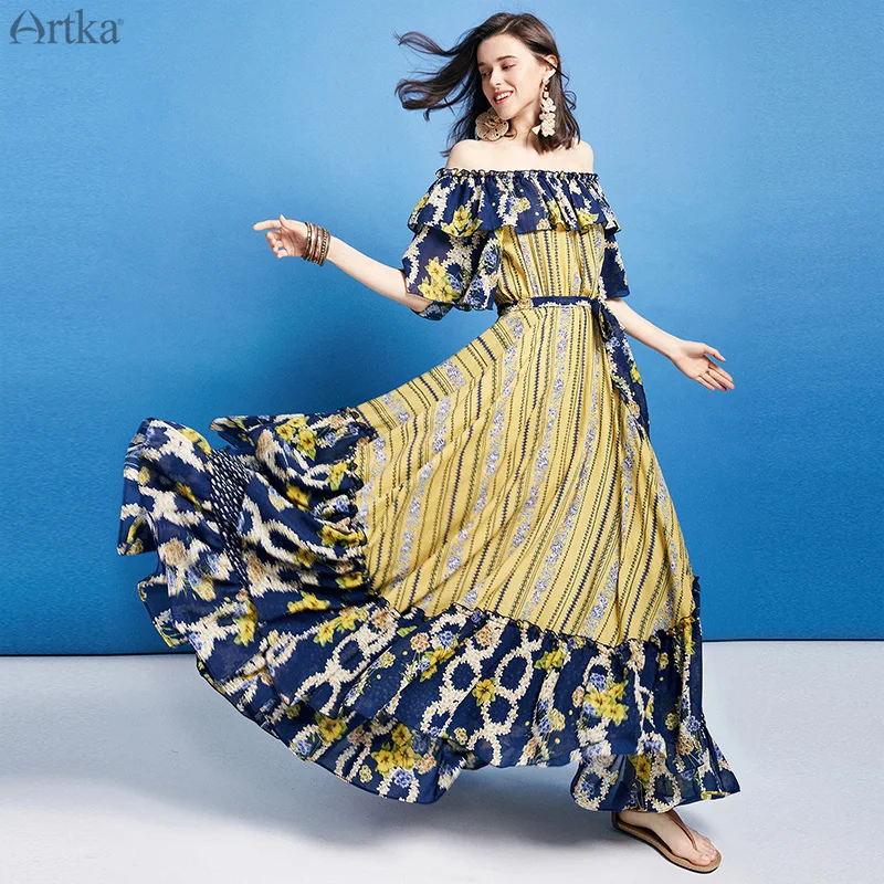 

ARTKA 2019 Summer Women Dress Slash Neck Vintage Print Dresses For Women Butterfly Sleeve Chiffon Dresses With Sashes LA12990X