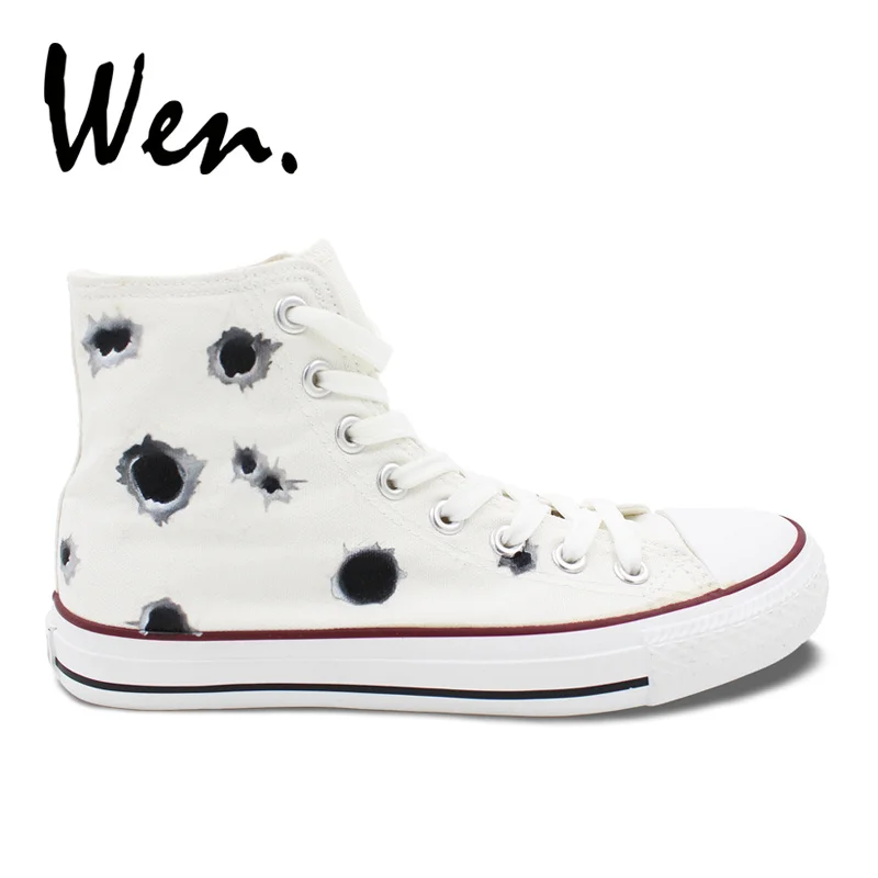 

Wen Original Design Custom Shoes Hand Painted Sneakers Bullet Hole Men Women's High Top White Canvas Sneakers Birthday Gifts