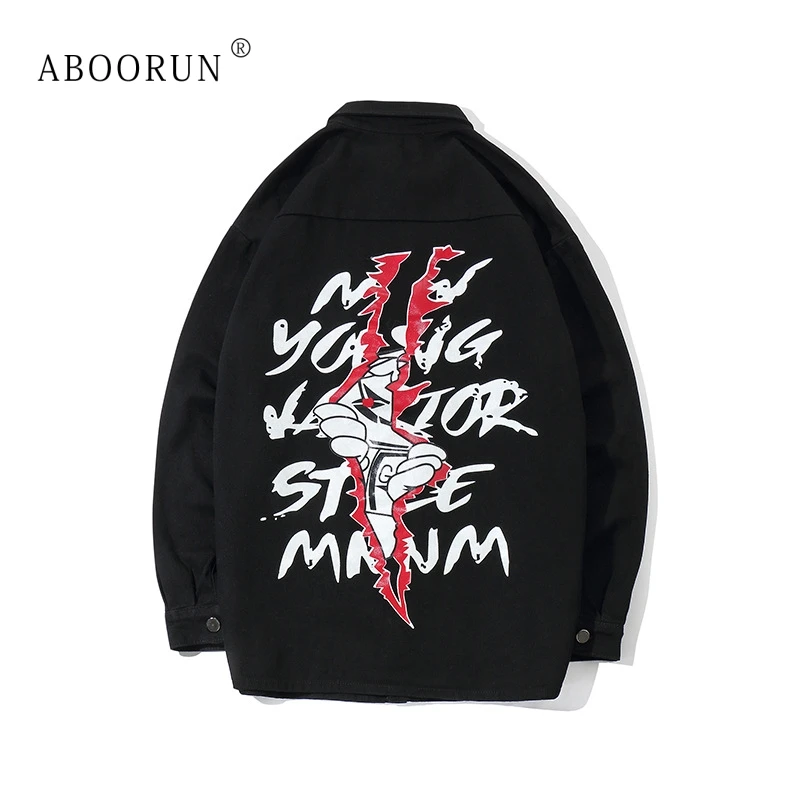 

ABOORUN Men's Hip Hop Denim Jacket Fashion Graffiti Printed Jean Jacket Spring Autumn Coat Streetwear for Male x1716