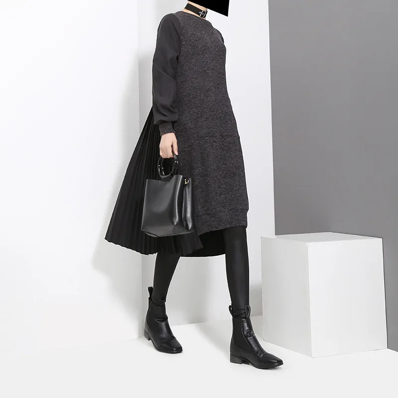 [EAM]2019 New Spring Winter Round Neck Long Sleeve Back Pleated Split Joint Irregular Loose Blue Dress Women Fashion JD487