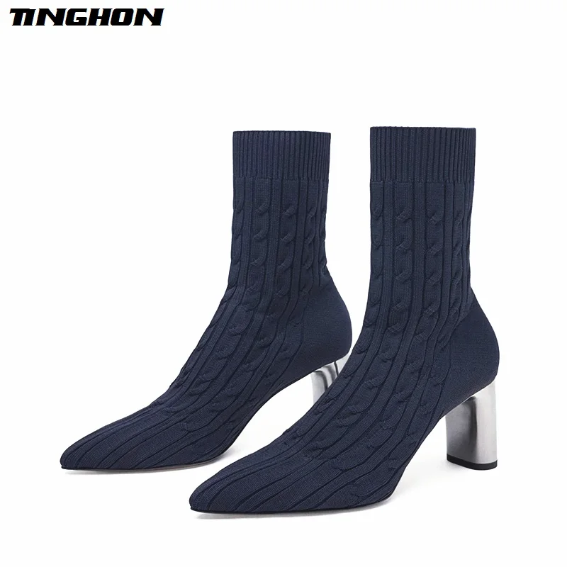 

TINGHON Fashion Winter Handmade Knitting Women Sock Boots Pointed Toe Slip On Ankle Boots For Warm High Heels Women Winter Boots