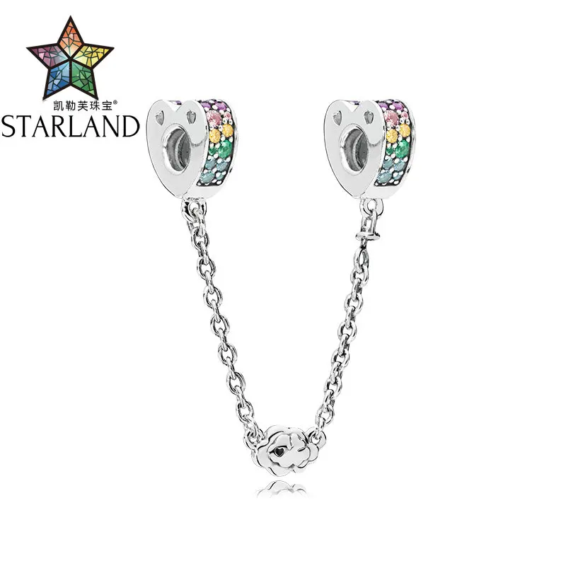

2018 New Rainbow love Safety Chain 925 Sterling Silver Colorful CZ DIY Making Jewelry For Originals Charm Bracelet Women Jewelry