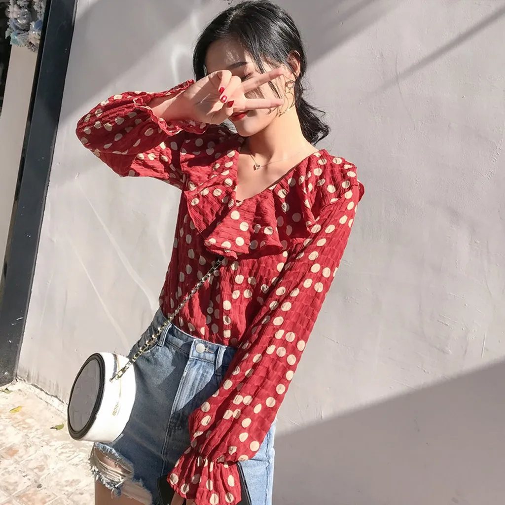 YOUYEDIAN Korean Fashion Chiffon Blouse Red Wave Point Long Sleeve