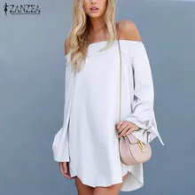 ZANZEA Sexy Mini Women Short Dress 2016 Off Shoulder Slash Neck Long Bowknot Sleeve Tops Casual Loose Solid Ladies Vestidos