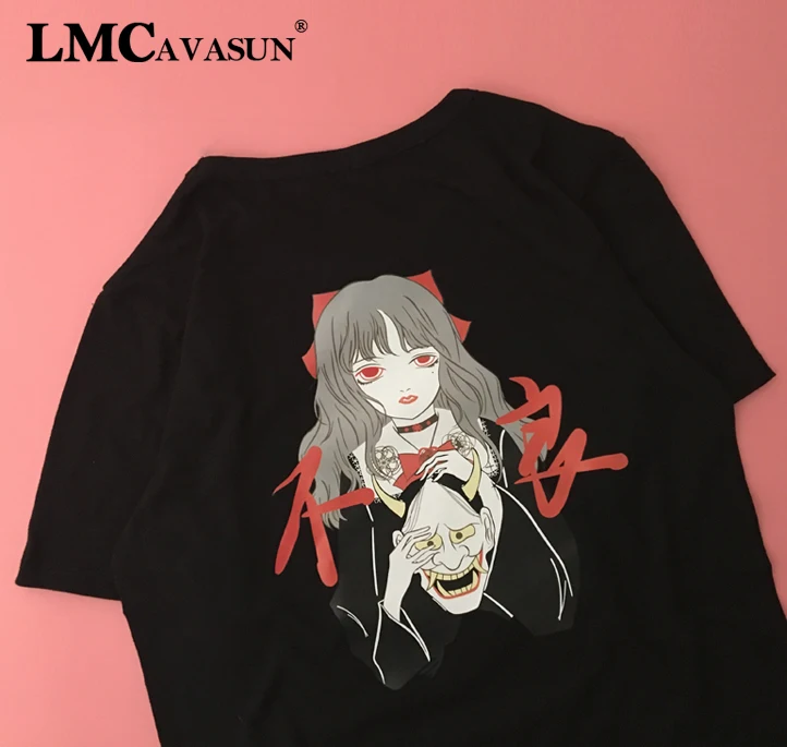 

LMCAVASUN Dark Black Female T-Shirt Japanese Harajuku Gothic Style Casual Graphic Tee Tops Kawaii Anime Print Women T Shirts