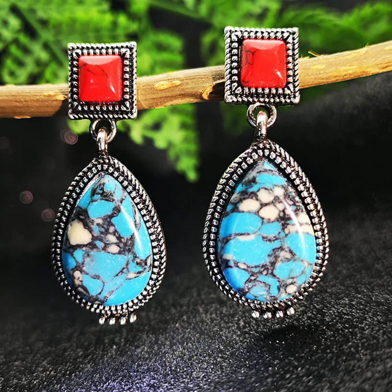 

Ethnic Bohemian Red Blue Turquoises Statement Earring Antique Silver Natural Stone Dangle Earrings for Women Boho Jewelry 2019