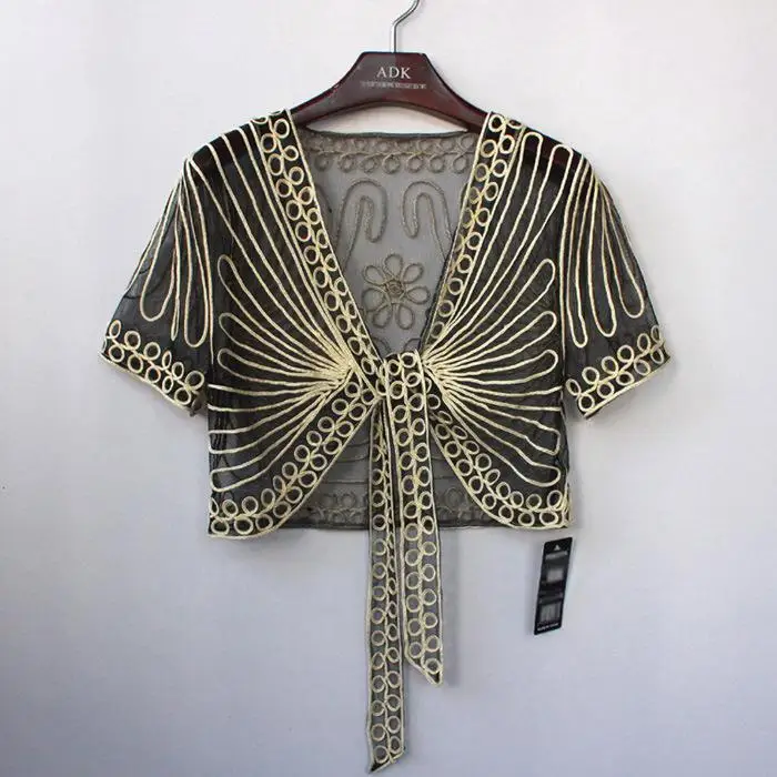 Summer Thin Short Sleeve Handmade Crochet Lace Mesh Shrug Bolero Women Embroidery Cardigan Feminino Short Cape Oversized Tops - Цвет: black gold