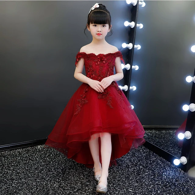 Kiccoly-vestido Elegante De Encaje Rojo Para Niña, Ropa De Primera Comunión Sin Hombros, Formal Boda Para Niña, Vestido De Flores Para Niña 2018 - Vestidos AliExpress