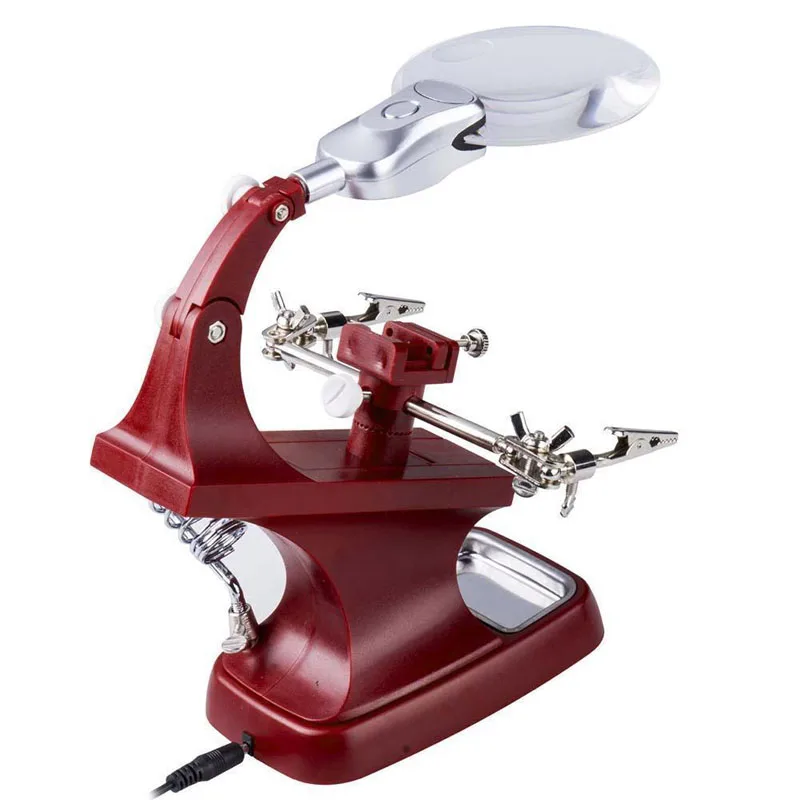 Helping Hand Clip LED Magnifying Soldering Iron Jewelry Stand Lens Magnifier Red