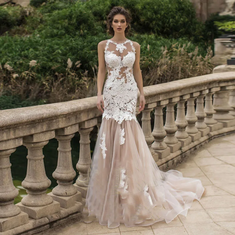 

Eightale Ladies Wedding Dress Mermaid O-Neck Appliques Lace Light Champagne Tulle See Throgh Bride Gowns vestido noiva sexy