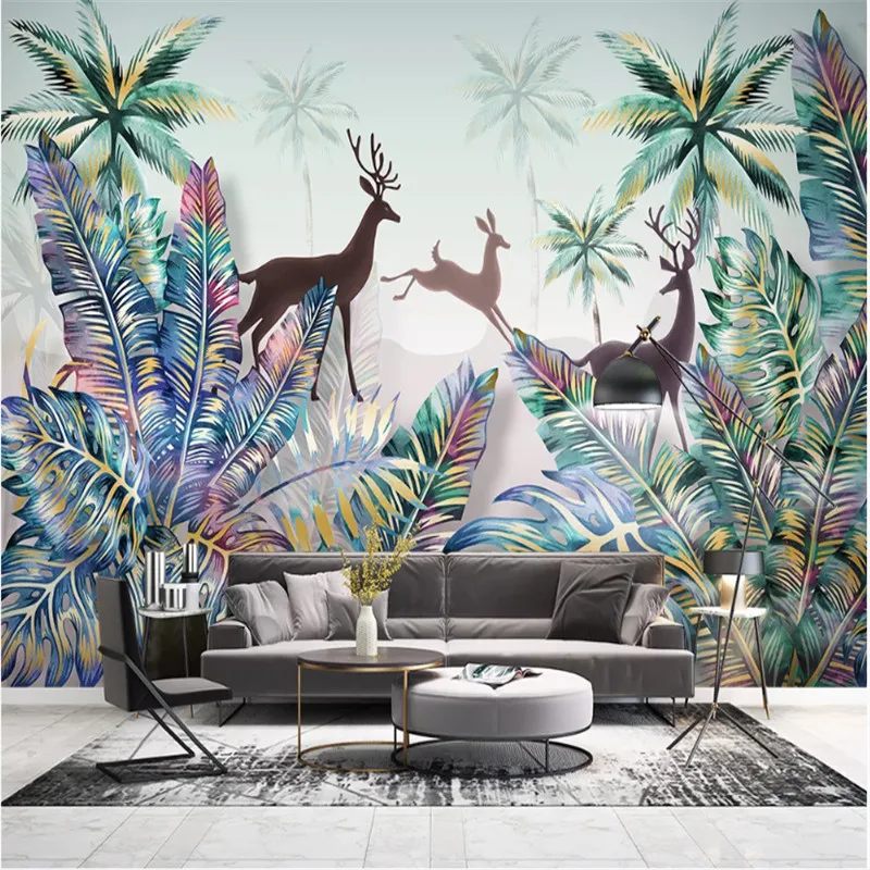 

Custom 3d wallpaper mural hand-painted Nordic forest animal tropical plant landscape wall - high-grade waterproof material